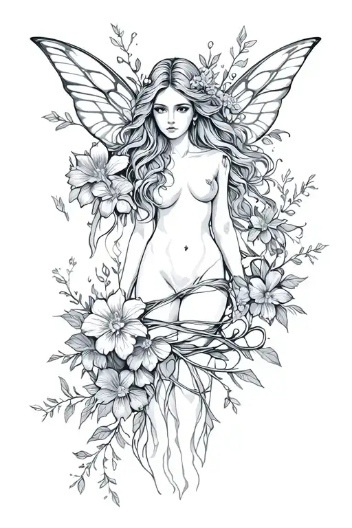 flowers and vines with fairy and deep meaning that's wrapped around thigh   tattoo design idea