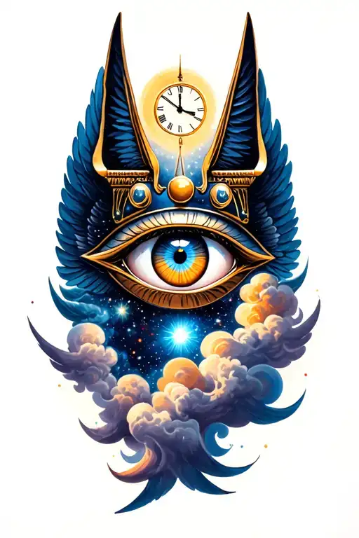 Space With Cosmic Dust Clouds, Anubis with clock in galexy And All Seeing Eye with wings Tattoo tattoo design idea