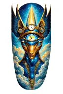 Space With Cosmic Dust Clouds, Anubis with clock in galexy And All Seeing Eye with wings Tattoo tattoo design idea