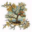 four almond trees in four seasons changing its direction tattoo design idea