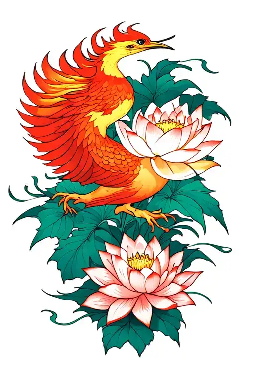 leg sleeve traditional japan phönix flame wirh lotus flower blooming tattoo design idea