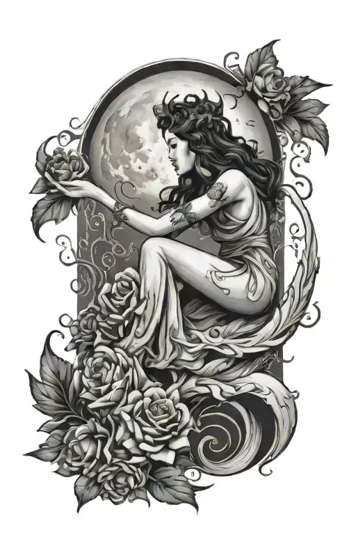moon goddess soothing pain and caring hand reaching out to love tattoo design idea