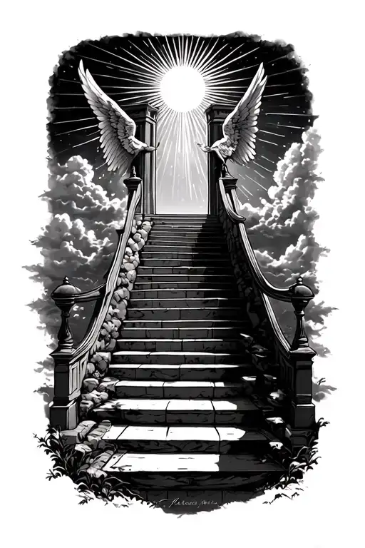 stairway to heaven walking up stairs angels sun rays clouds heaven gate at the top of the stairs  tattoo design idea