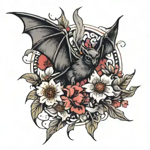 Red flowers with a black bat flying tattoo design idea