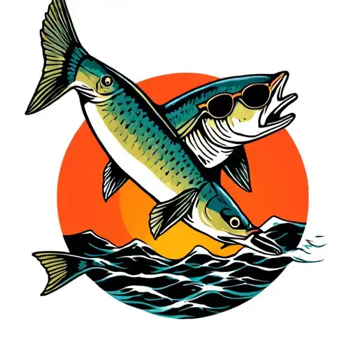 pike with sunglasses jumping tattoo design idea