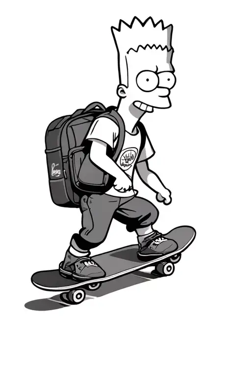 Bart simpson skate boarding in springfield with backpack,  clean black lines. smiling cheeky tattoo design idea