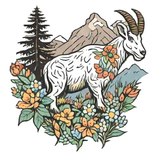 mountain goat standing in a patch of colorful wildflowers, high in the mountains of glacier national park montana  tattoo design idea