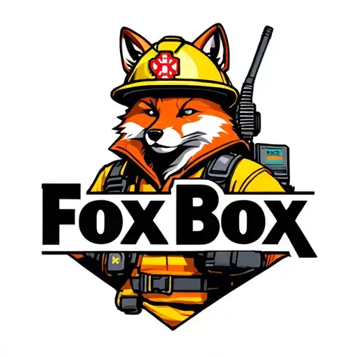 "Fox Box" "Fox Box" Tough looking fireman fox wearing firefighting gear with radio equipment. Helmet has maltese symbol tattoo design idea