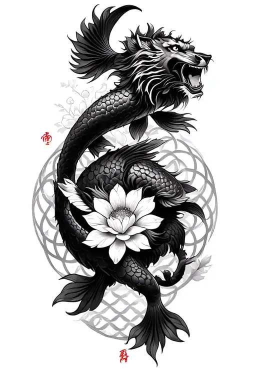 Fu lion with paw over flower of life, a black koi jumping over the lion at the top of the sleeve, with Kōbans tattoo design idea
