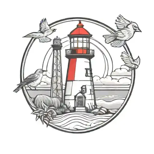 beach light house medallion with red cardinal  tattoo design idea