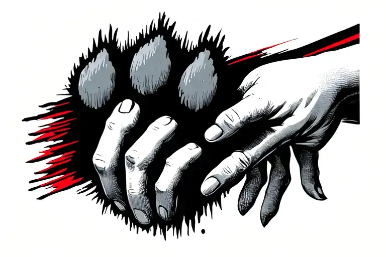 paw print united to a hand reaching by a red line tattoo design idea
