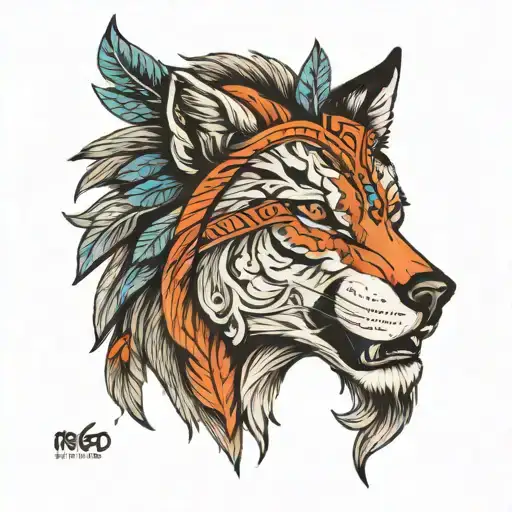 half wolf half lion face wearing indian cherokee head ornament  tattoo design idea