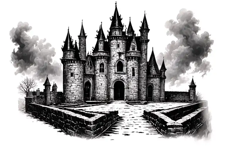 Haunted castle and courtyard, hedge rows, expansive, spooky, misty, cloudy ruins, asymetric tattoo design idea