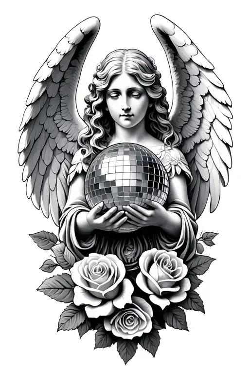 guardian angel with porcelain face holding a disco ball with a background of roses and leaves tattoo design idea
