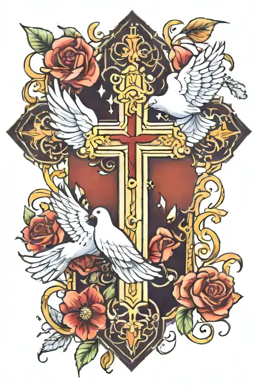 A cross surrounded with two doves flying and lights tattoo design idea