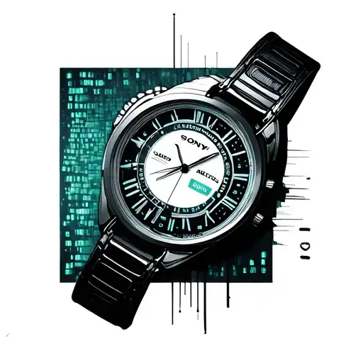 matrix code and fob watch with Sony Walkman mechanism intertwined tattoo design idea