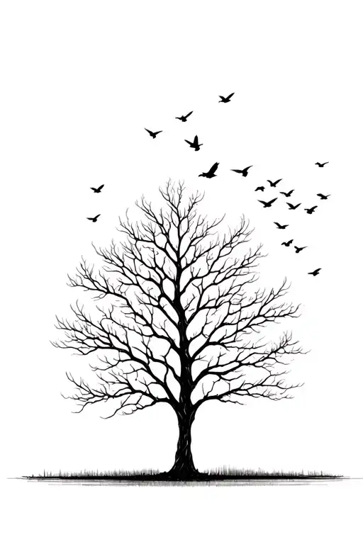 bare sycamore tree with birds flying away And tattoo design idea