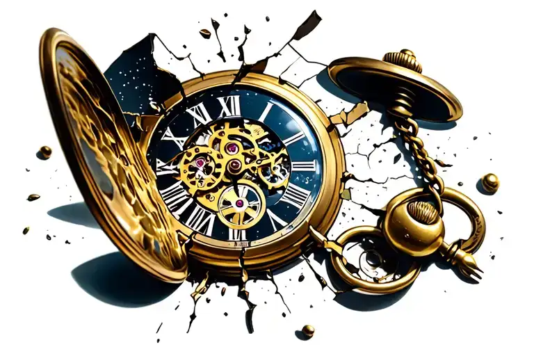 Broken pocket watch, with the mechanism visible and starry as if you had hit it with a hammer. tattoo design idea