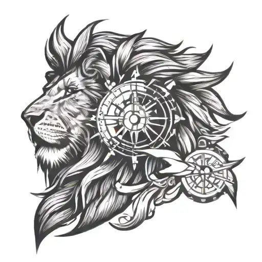 half compass lion tattoo design idea