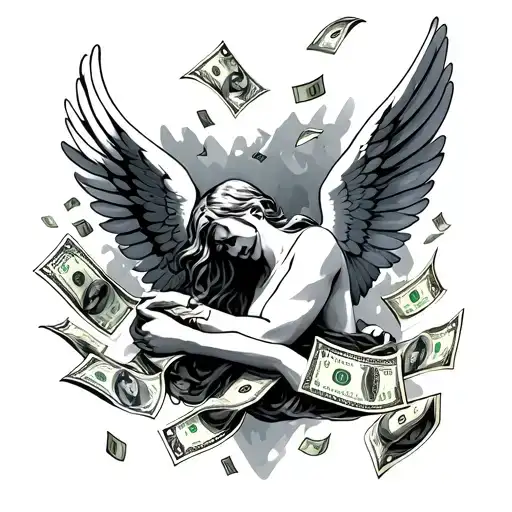 angle with wings and money falling tattoo design idea