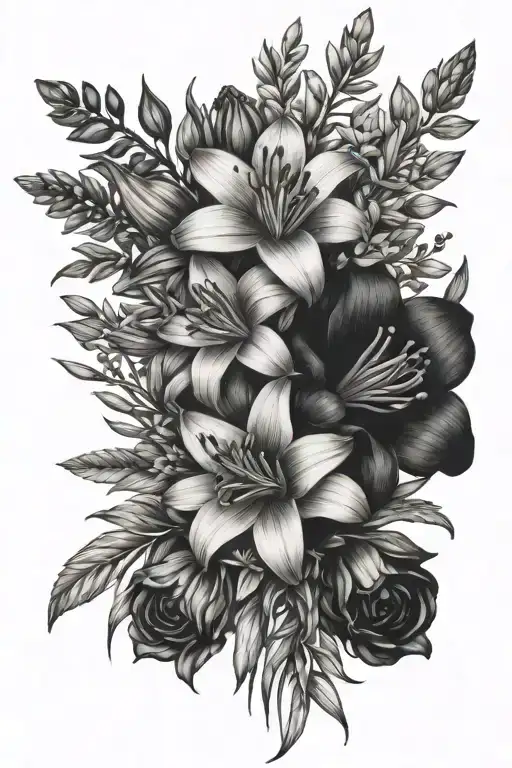 bouquet of asphodel, belladonna, aconite, and sprigs of thyme tattoo design idea