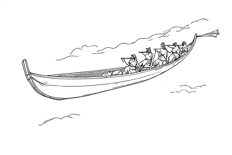 Medieval Greek fire canoe towards enemy canoe, with men blowing on the device.  tattoo design idea