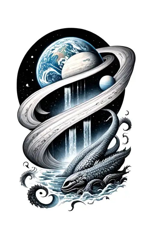 earth wrapped by leviathan. above the other planets and terubs watching over , above them the firmament with waterfalls tattoo design idea