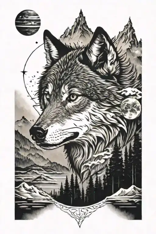 rivers, mountains, moons planets, galaxy, wolf, eagle tattoo design idea