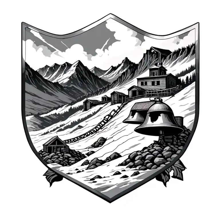 coal mines, mountains and bells tattoo design idea