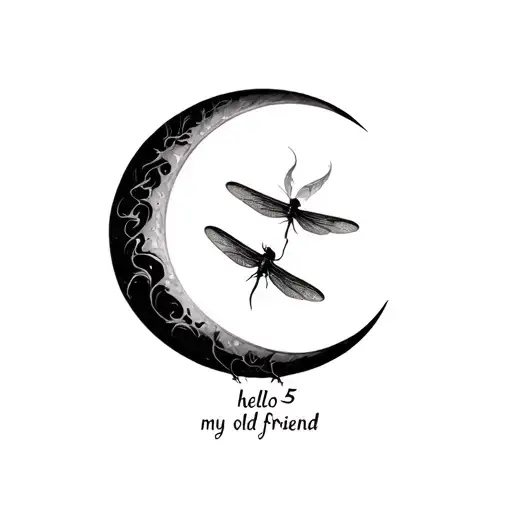 dragon fly inside crescent moon with say5"hello darkness my old friend  tattoo design idea