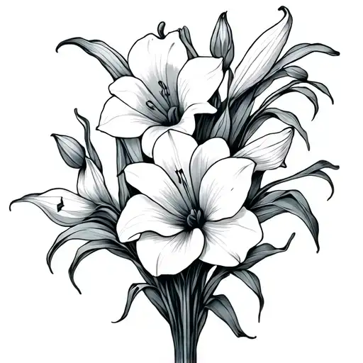 fine line jonquil, narcissus and calla lily bouquet tattoo design idea