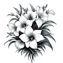 fine line jonquil, narcissus and calla lily bouquet tattoo design idea