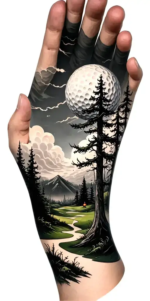 creepy forest scene with stormy sky golf course golf ball tattoo design idea