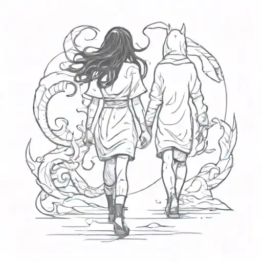 a girl and a shadow demon walking side by side holding hands tattoo design idea