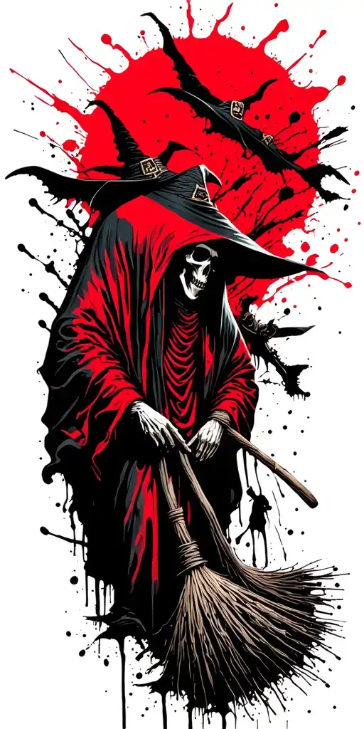 grim reaper surrounded by witches on brooms tattoo design idea
