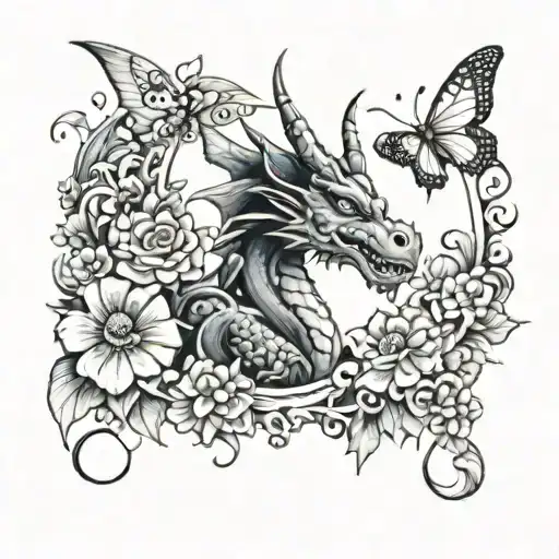a dragon and butterfly with some flowers protect a rectangle where I will put my girls eyes tattoo design idea