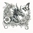 a dragon and butterfly with some flowers protect a rectangle where I will put my girls eyes tattoo design idea
