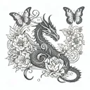 a dragon and butterfly with some flowers protect a rectangle where I will put my girls eyes tattoo design idea
