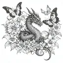a dragon and butterfly with some flowers protect a rectangle where I will put my girls eyes tattoo design idea
