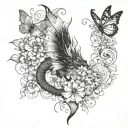 a dragon and butterfly with some flowers protect a rectangle where I will put my girls eyes tattoo design idea