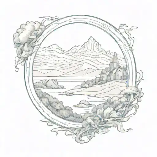 scottisch highlands in a frame with a round top and squate bottom tattoo design idea