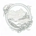 scottisch highlands in a frame with a round top and squate bottom tattoo design idea