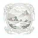 scottisch highlands in a frame with a round top and squate bottom tattoo design idea