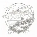 scottisch highlands in a frame with a round top and squate bottom tattoo design idea