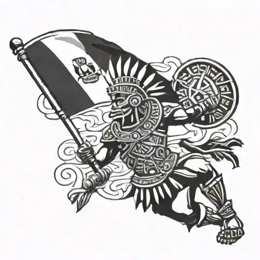 aztec warrior holding Mexican flag waving tattoo design idea