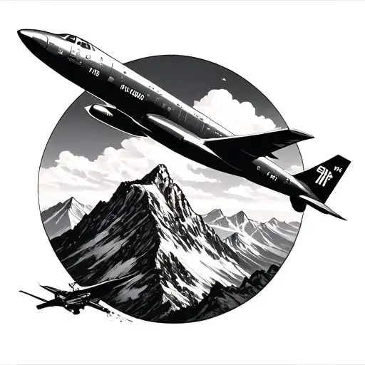 photorealistic airplane flying over a mountain tattoo design idea