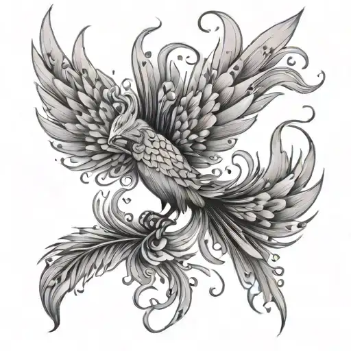 Fine line Feminine Phoenix with a flowy tail and feather details tattoo design idea