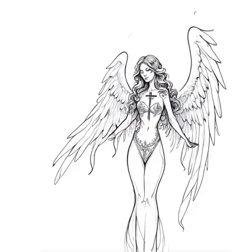 "Desire me" thin elongated angel with silver crosses and with Gothic curls tattoo design idea