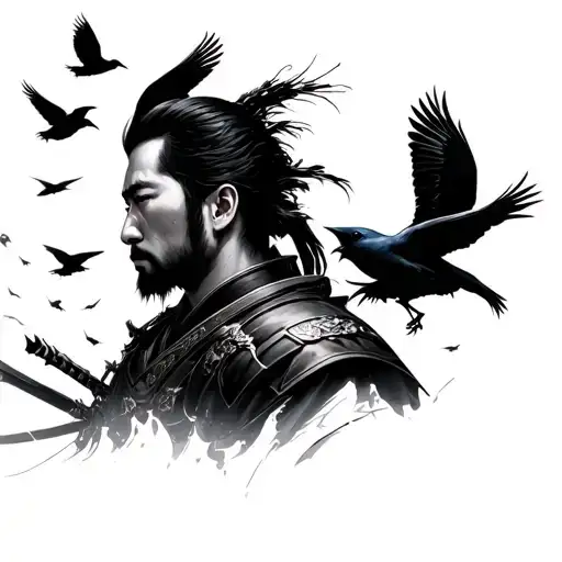 ronin side profile with crows flying in the background black tattoo design idea