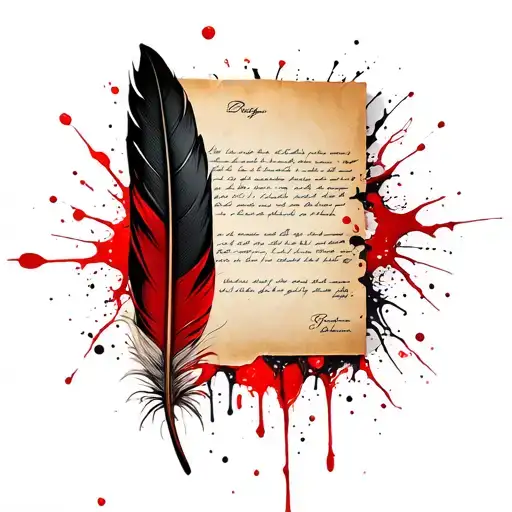 feather quill pen writing a message on paper tattoo design idea